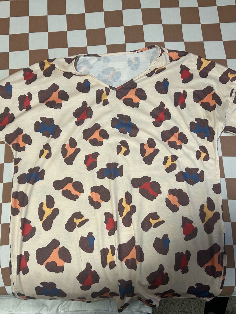 Women’s Cream Leopard Print Long Sleeve Tee with Multicolor Spots